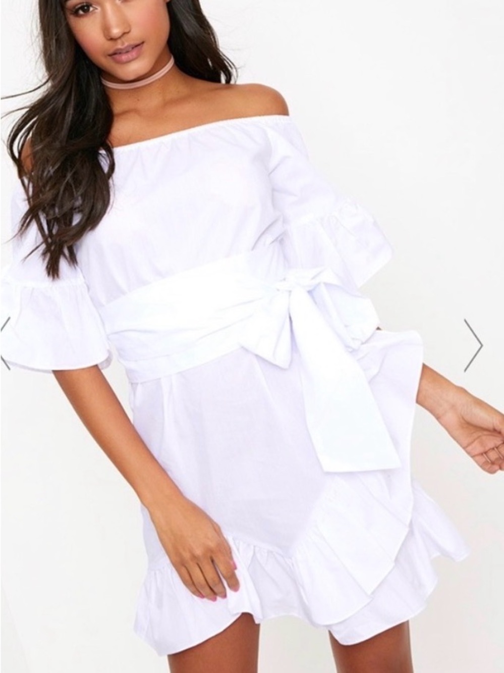 Prettylittlething WHITE BARDOT FRILL DETAIL‎ MINI DRESS
